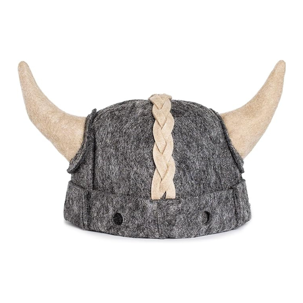 Viking-style wool sauna hat in grey with horn design, heat-protective sauna accessory isolated on a white background