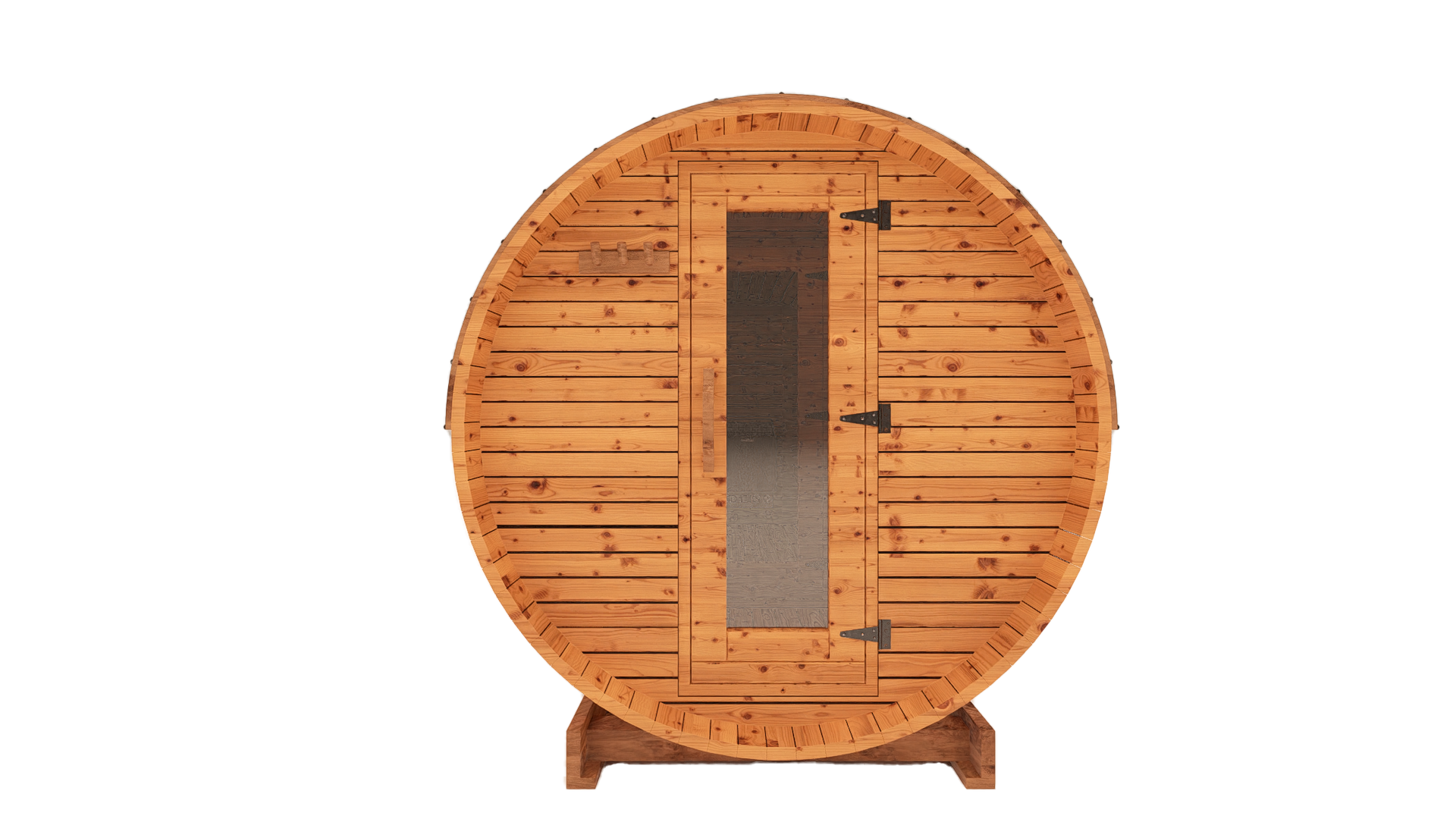 12-ft red cedar barrel outdoor sauna front view 3D mockup with glass door entry and extra-large backyard sauna design