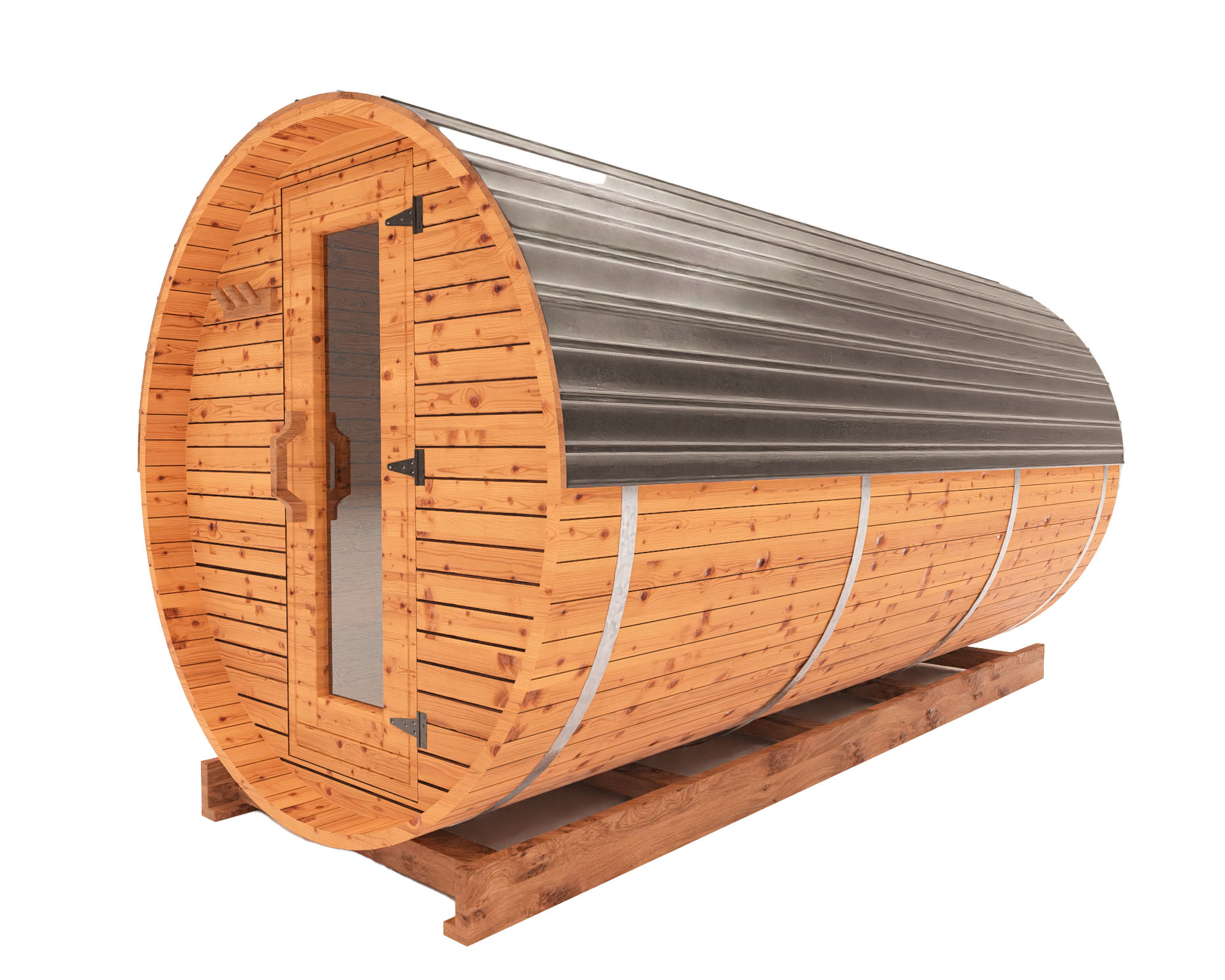12-ft red cedar barrel sauna side view 3D mockup showing long curved outdoor sauna profile and luxury wellness setup