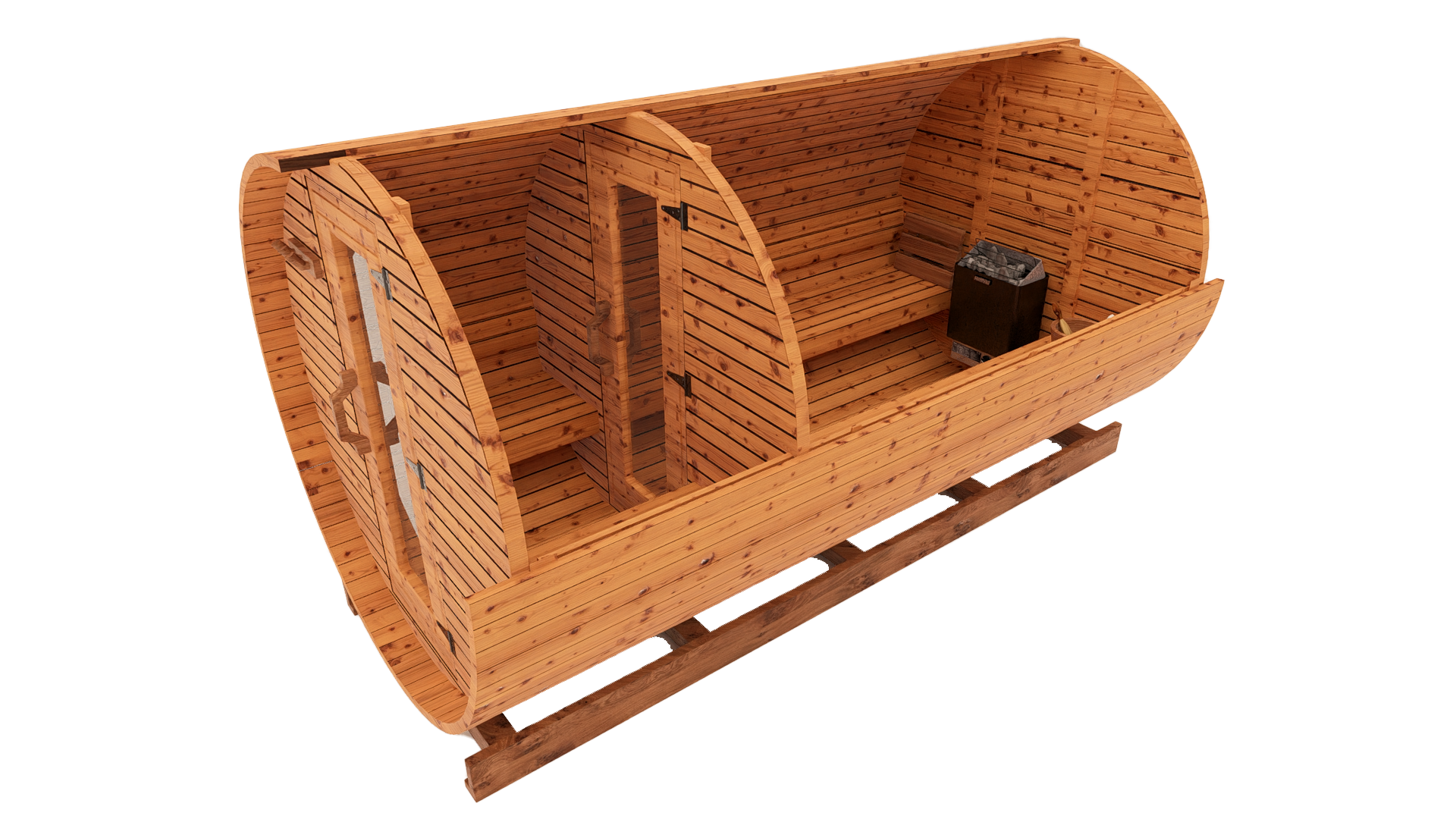 Interior cutaway 3D mockup of 12-ft red cedar barrel sauna showing full-length cedar benches and premium sauna interior