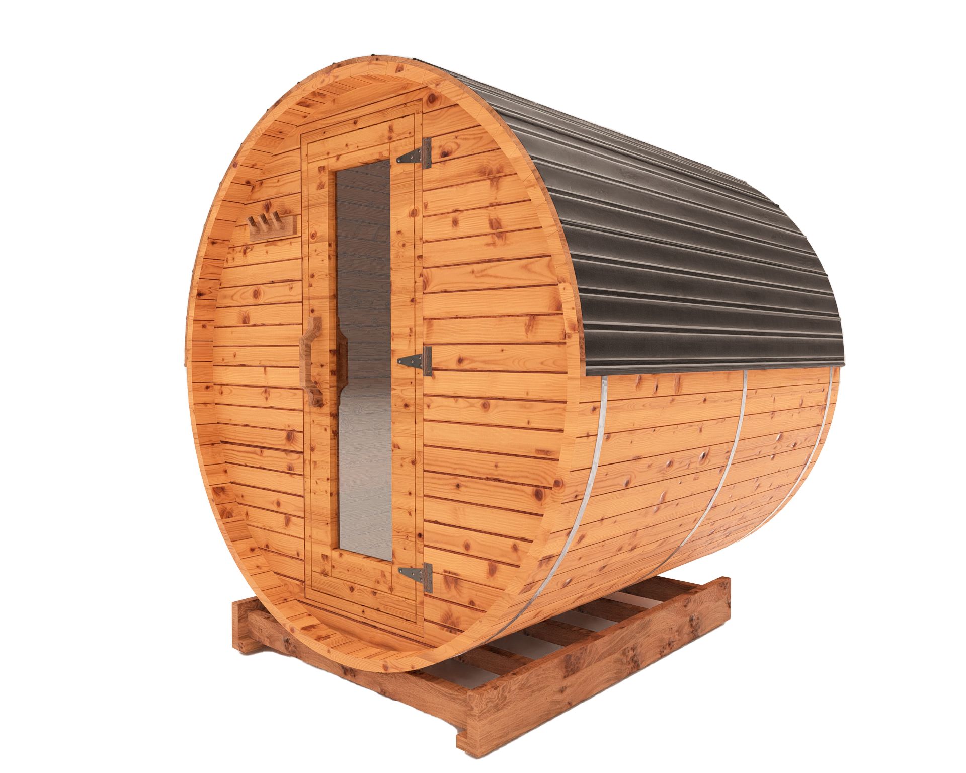 6-ft red cedar barrel sauna side view 3D mockup showing curved outdoor sauna shape and balanced footprint