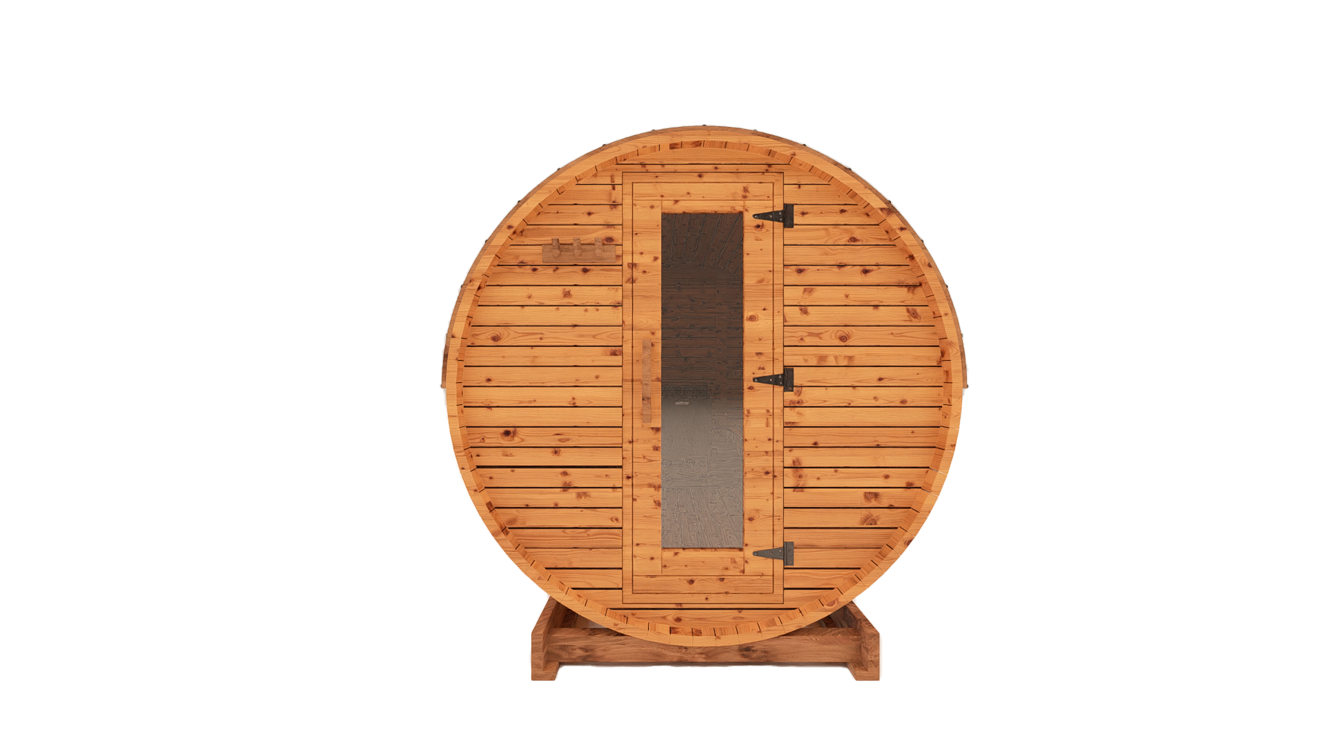 8-ft red cedar barrel outdoor sauna front view 3D mockup with glass door entry and spacious backyard sauna design