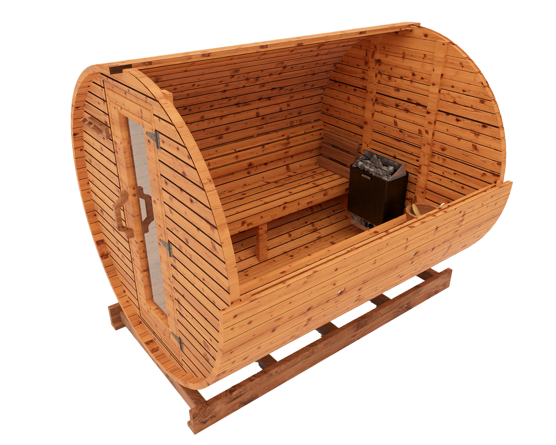 Interior cutaway 3D mockup of 8-ft red cedar barrel sauna showing full cedar bench arrangement and traditional sauna interior