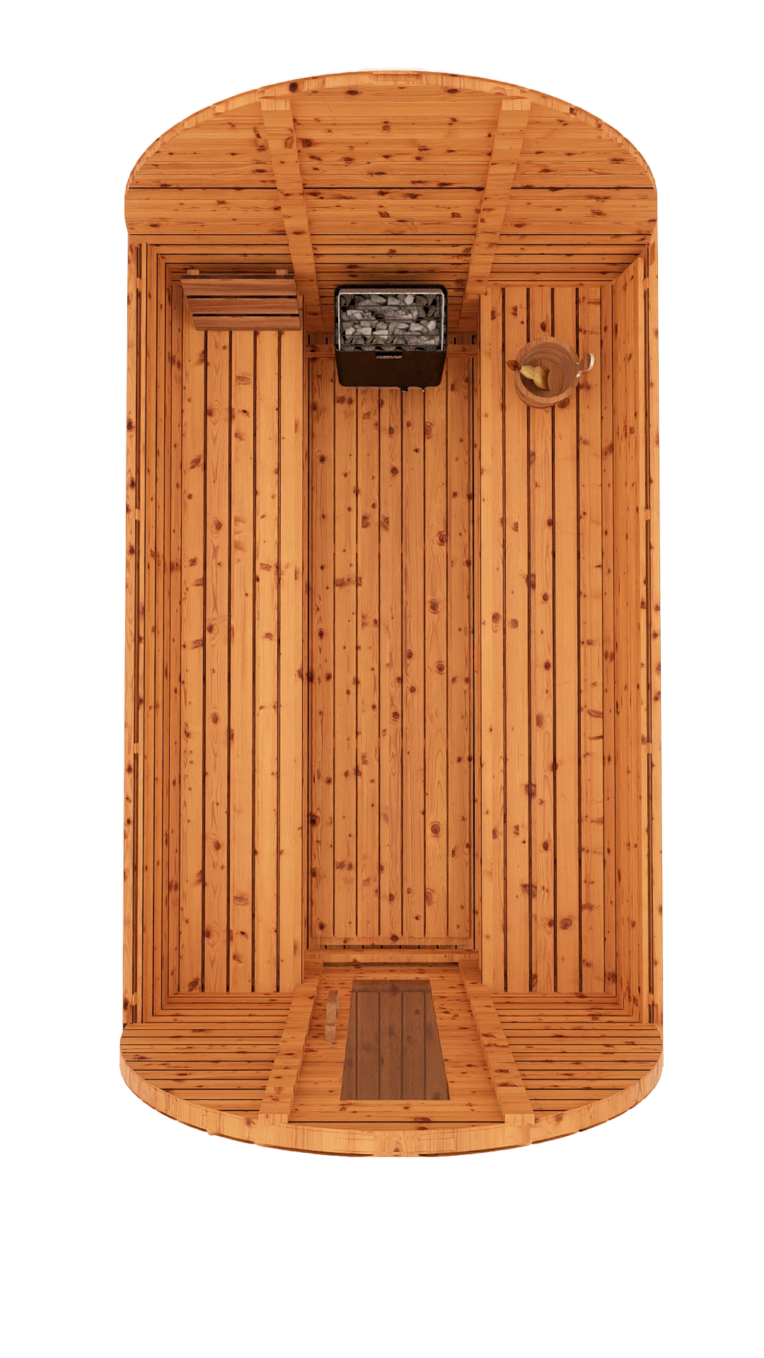 Top-down interior 3D mockup of 10-ft red cedar barrel sauna showing generous bench layout and spacious sauna floor area