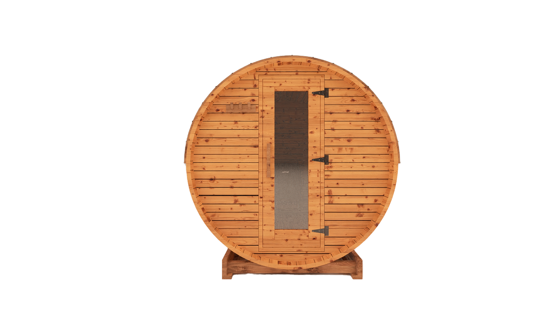 5-ft red cedar barrel outdoor sauna front view 3D mockup with glass door entry and compact backyard wellness design