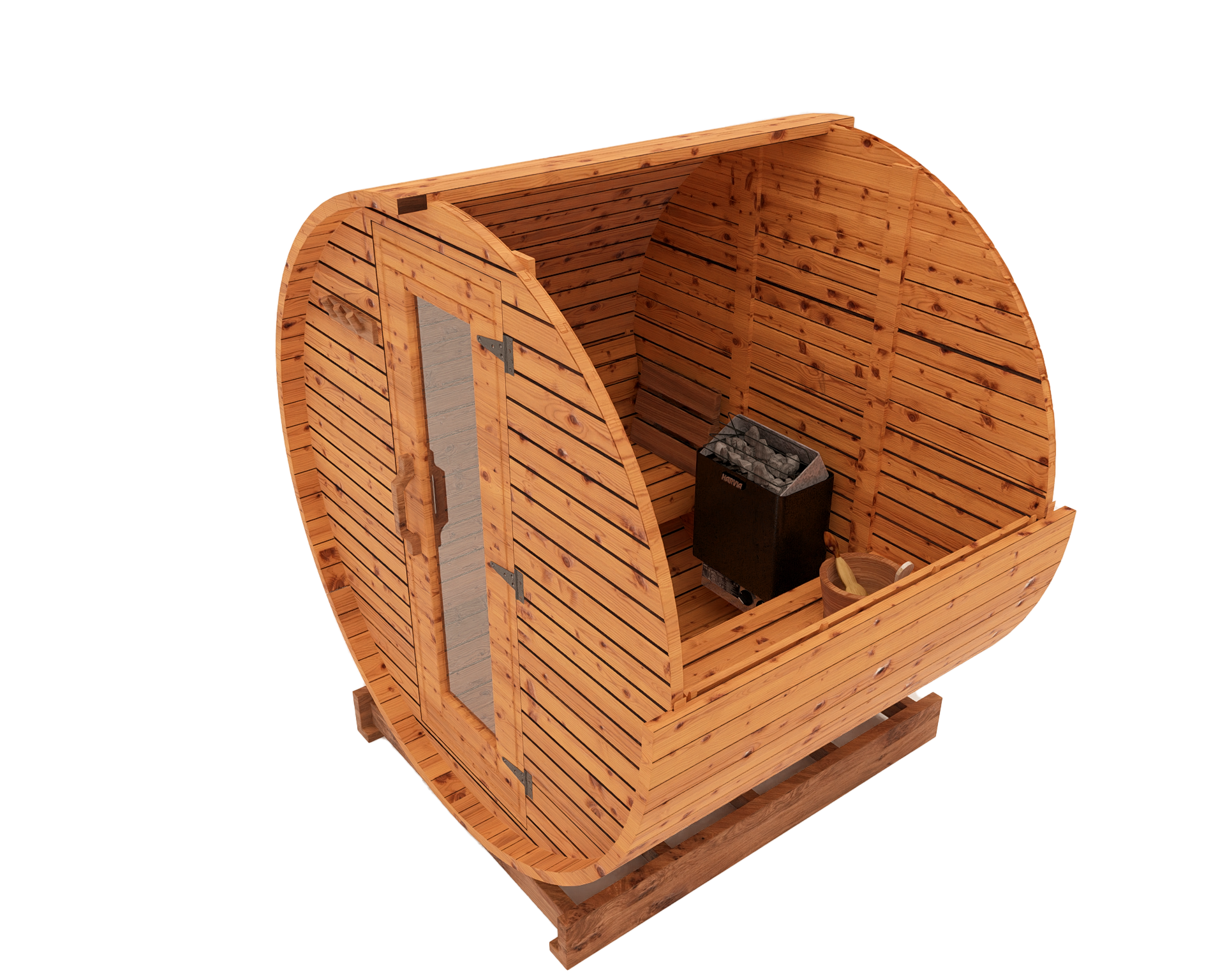 Interior cutaway 3D mockup of 5-ft red cedar barrel sauna showing cedar benches and traditional sauna interior layout