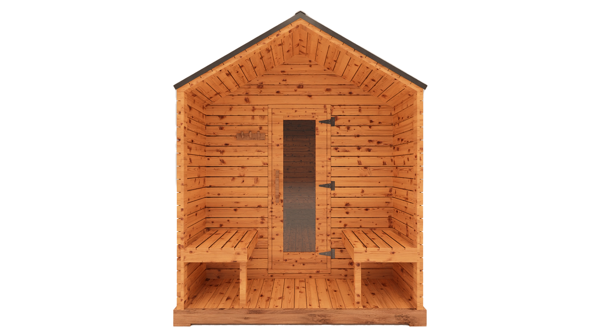 Front view 3D mockup of red cedar cabin outdoor sauna with covered porch, glass door entry and modern cedar exterior design