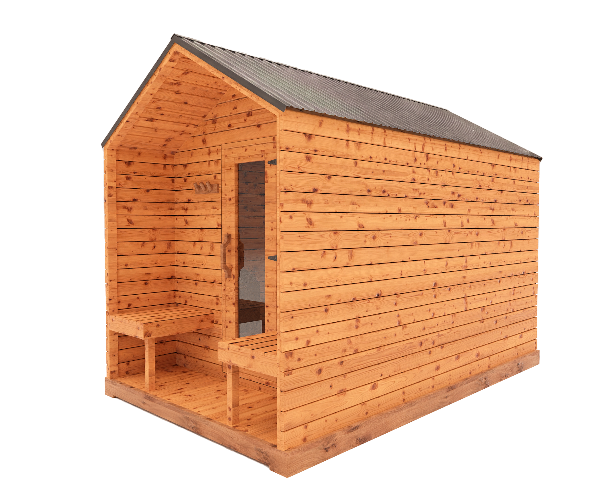 Red cedar cabin outdoor sauna with front porch, side view 3D mockup showing modern wood sauna design and covered entry area