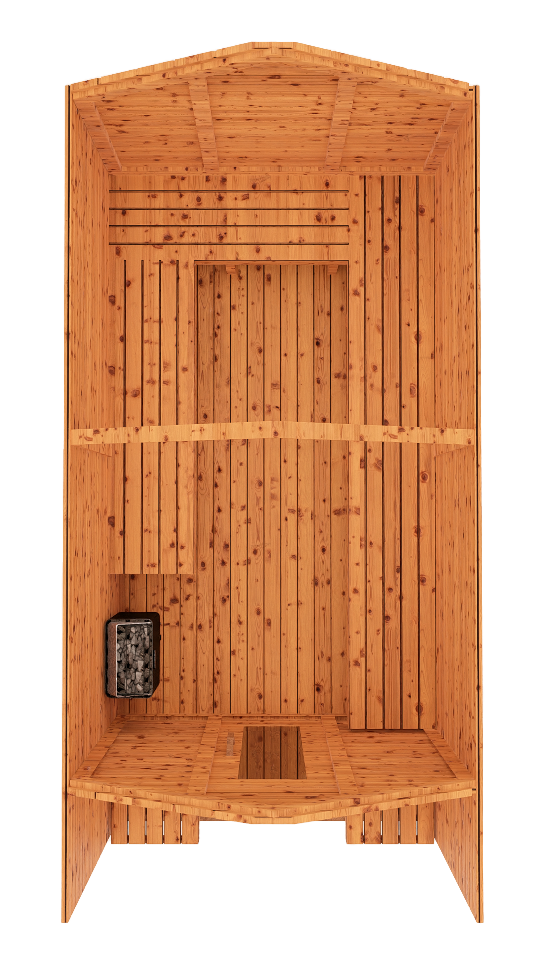 Top-down 3D mockup of red cedar cabin outdoor sauna with covered front porch, showing roof layout and overall structure