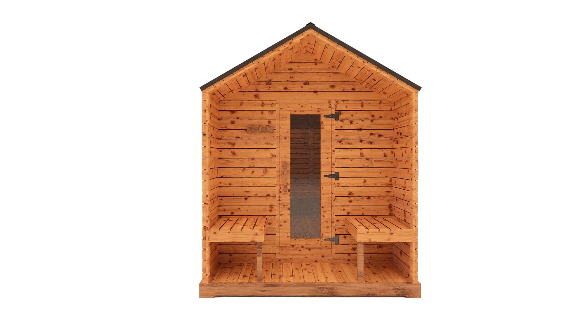 Front view 3D mockup of red cedar cabin outdoor sauna with covered porch, glass door entry and modern cedar exterior design
