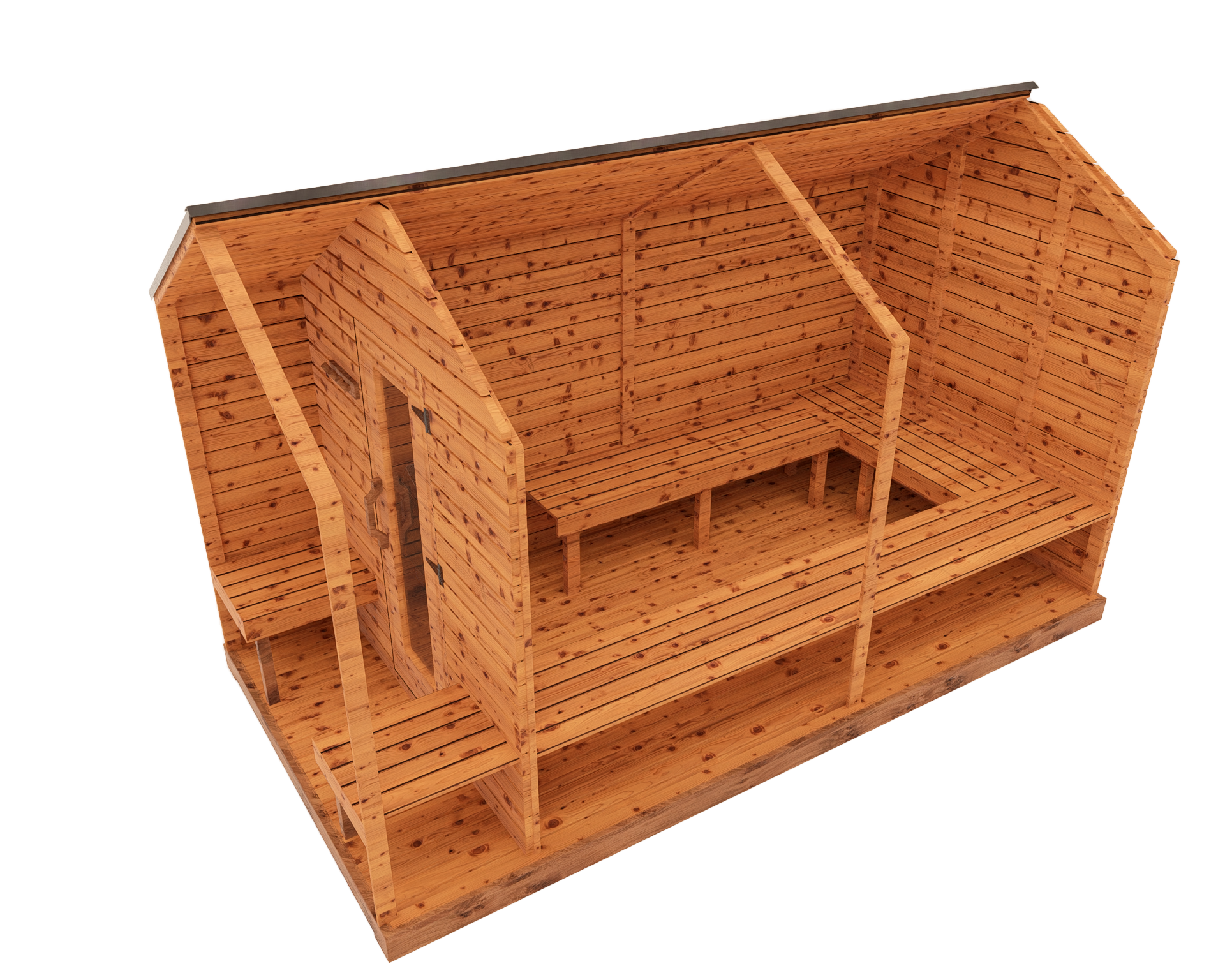 Side cutaway interior 3D view of red cedar cabin sauna with front porch, showing tiered benches and cedar sauna interior layout