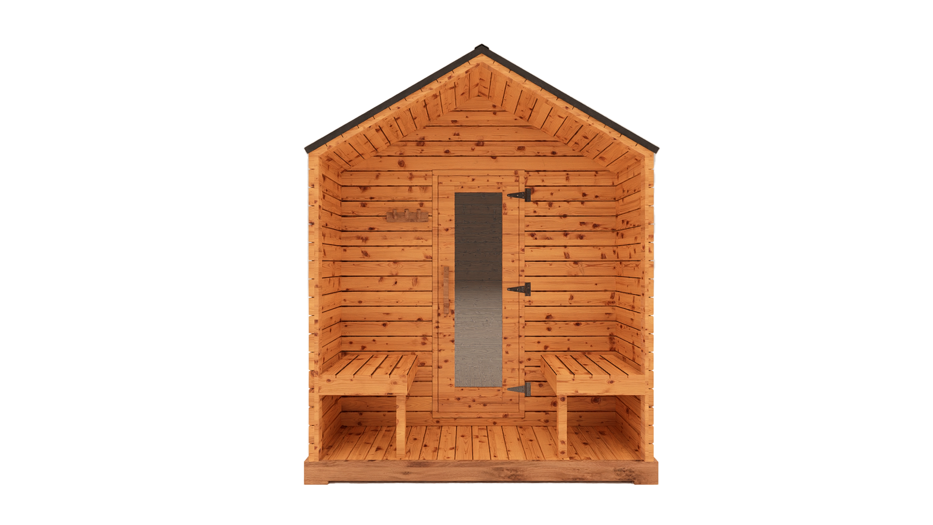 Front view 3D mockup of red cedar cabin outdoor sauna with covered porch, glass door entry and modern cedar exterior design