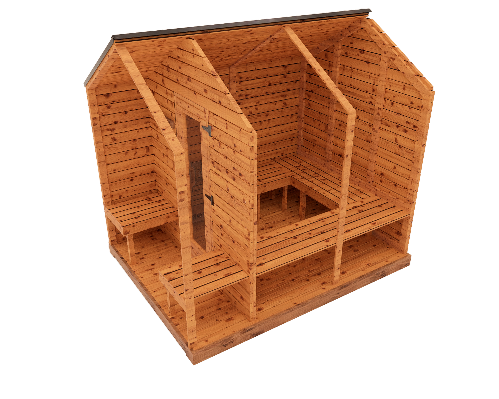 Side cutaway interior 3D view of red cedar cabin sauna with front porch, showing tiered benches and cedar sauna interior layout