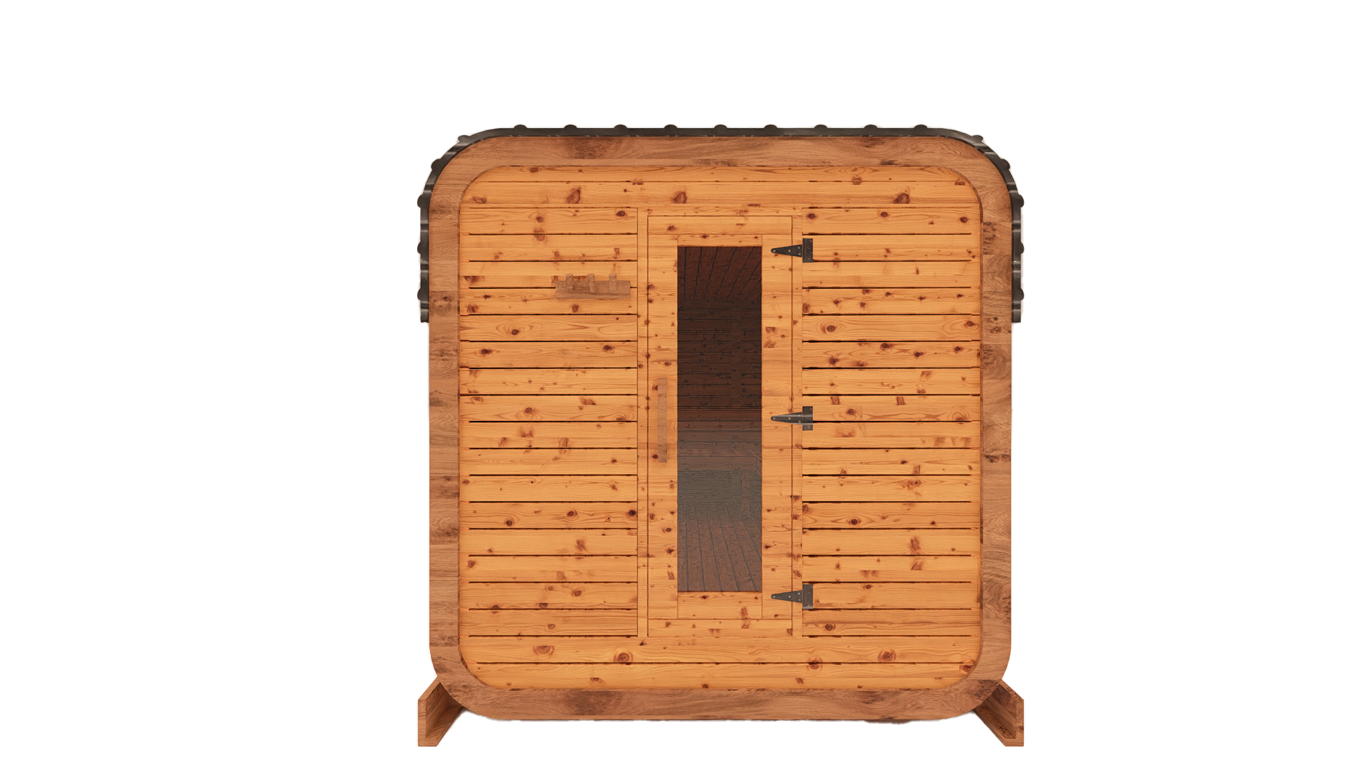 Cedar kubix outdoor sauna 3D mockup, front view showing modern cube-style design