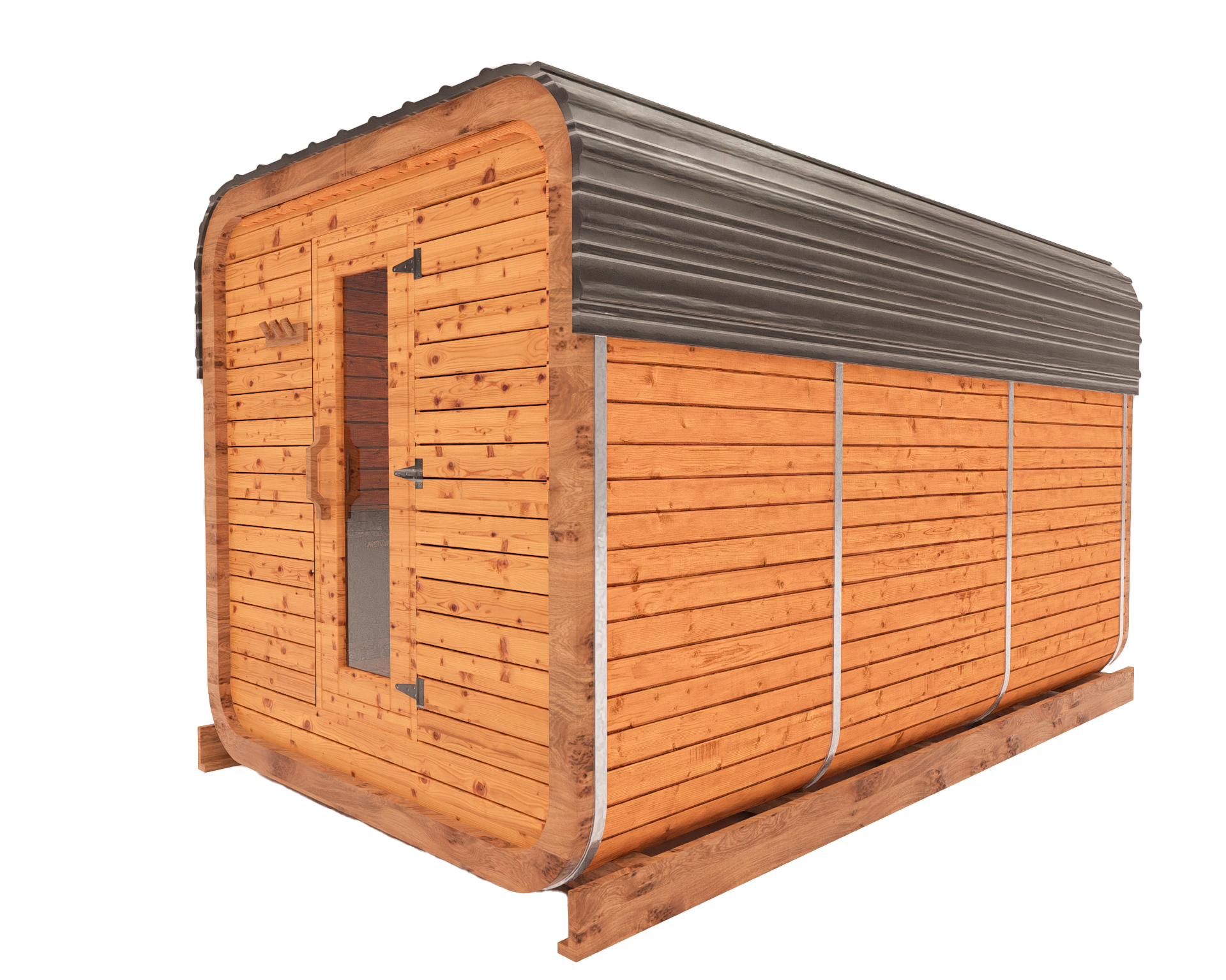 Cedar kubix outdoor sauna 3D mockup, side view showing modern cube-style design