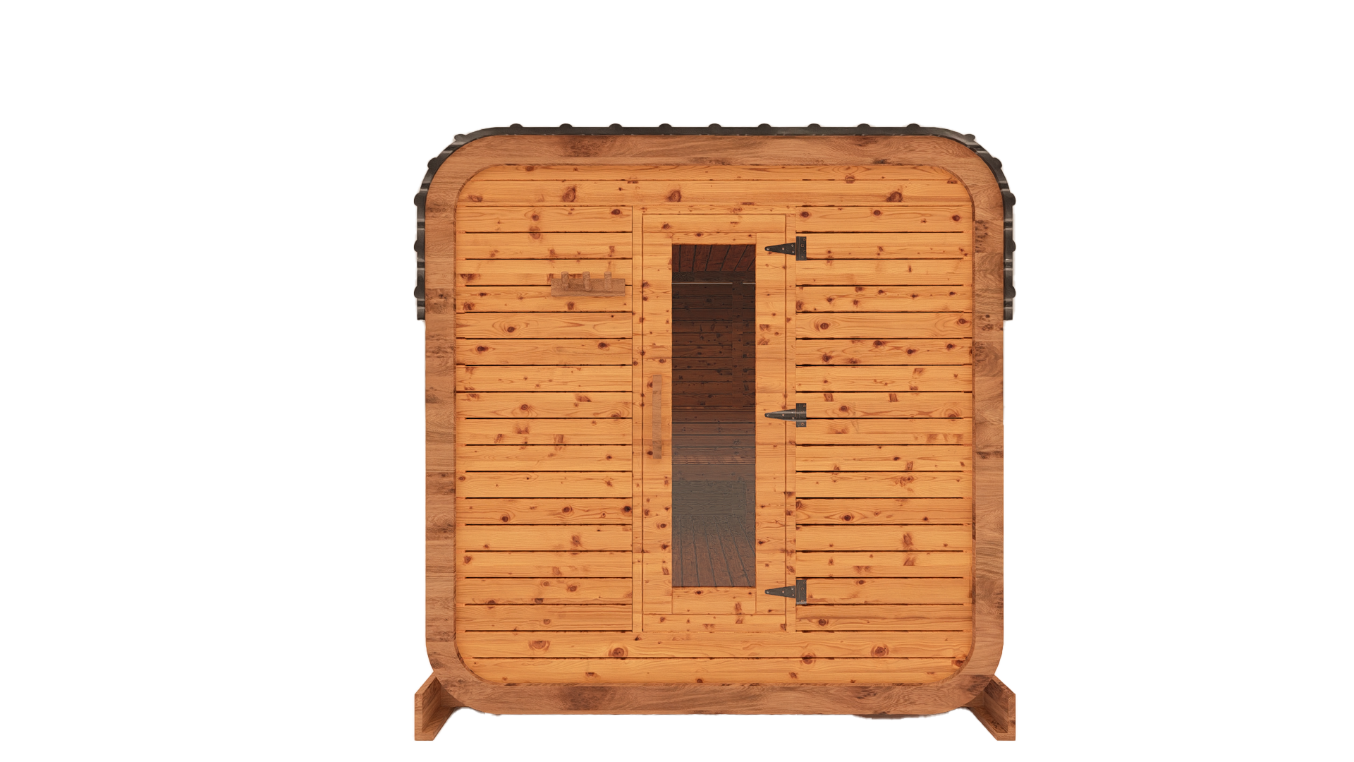 Cedar kubix outdoor sauna 3D mockup, front view showing modern cube-style design