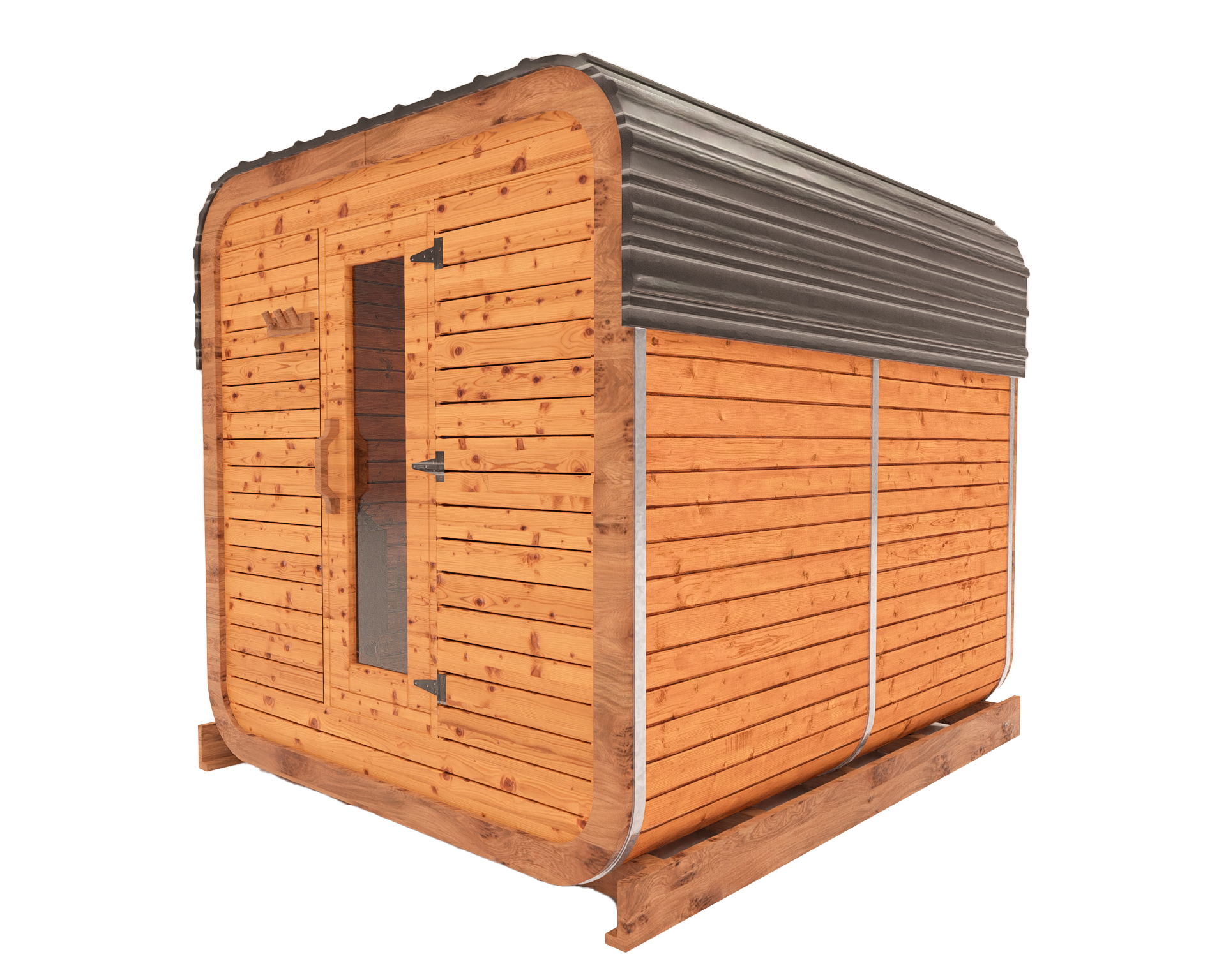 Cedar kubix outdoor sauna 3D mockup, side view showing modern cube-style design