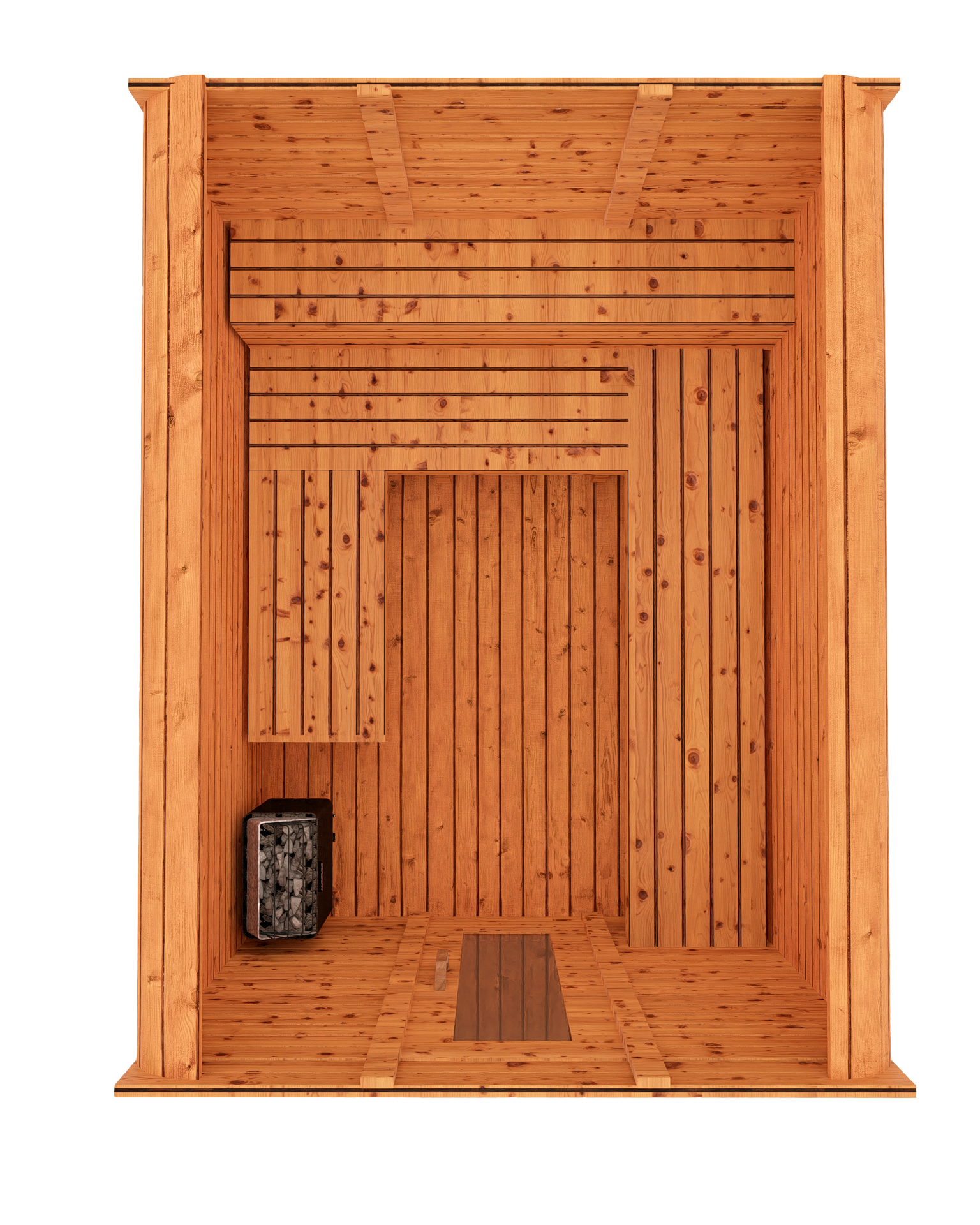 Cedar kubix outdoor sauna 3D mockup, top down view showing modern cube-style design