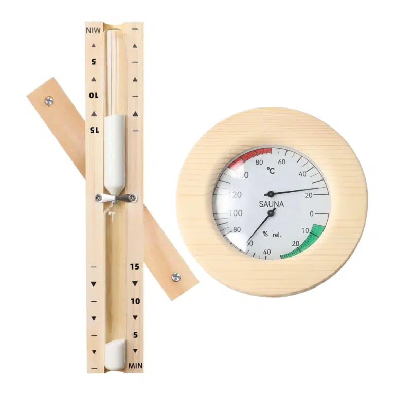 Wooden sauna sand timer and thermometer kit product image isolated on a clean white background