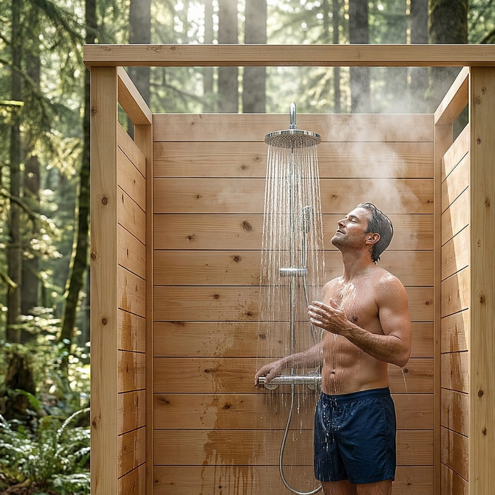 Man using an outdoor cedar enclosed shower in a forest setting, rinsing off under a rainfall shower head surrounded by trees