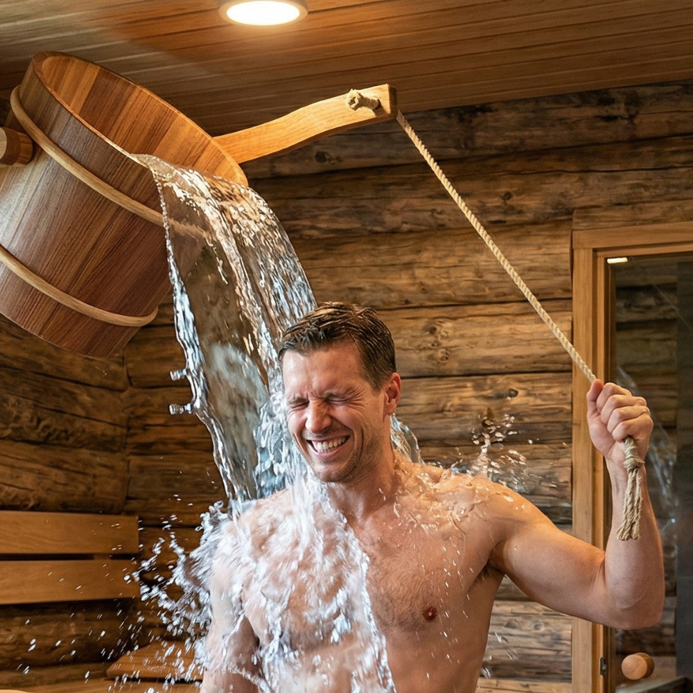 Man getting splashed by a mounted cedar dunk bucket shower in an outdoor sauna setting, cold plunge wellness moment in a backyard space