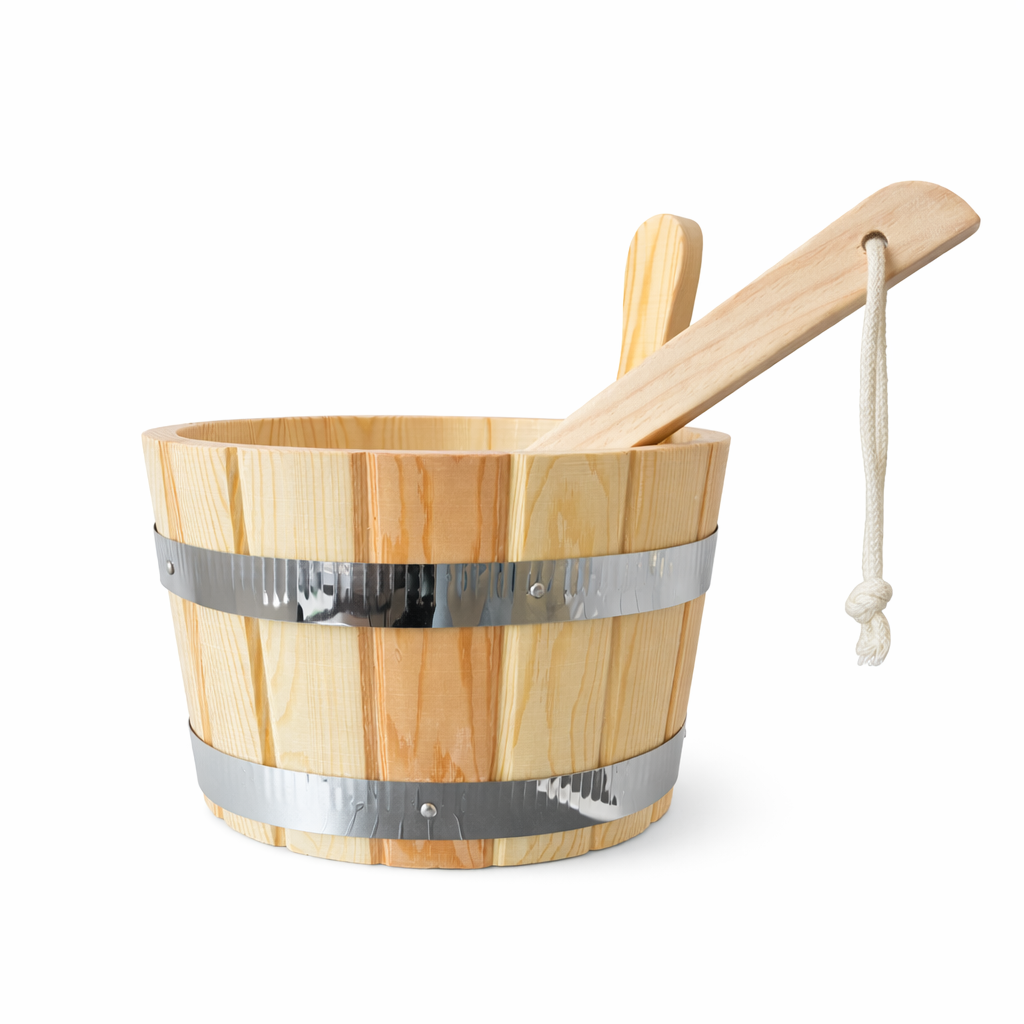 Wood sauna bucket and matching ladle set isolated on a white background, traditional accessory for pouring water on sauna stones