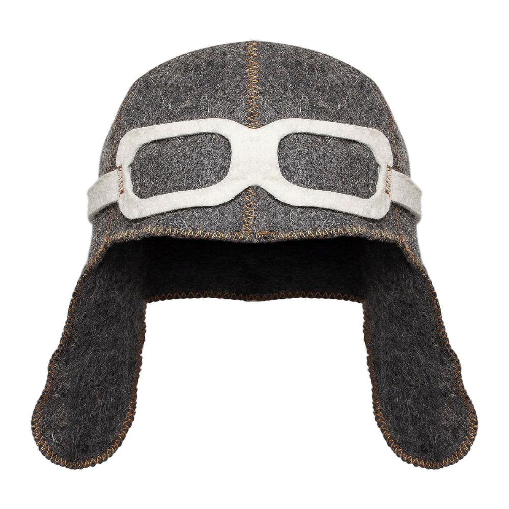 Pilot-style wool sauna hat in grey, heat-protective sauna accessory isolated on a clean white background