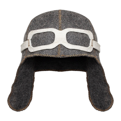 Pilot-style wool sauna hat in grey, heat-protective sauna accessory isolated on a clean white background