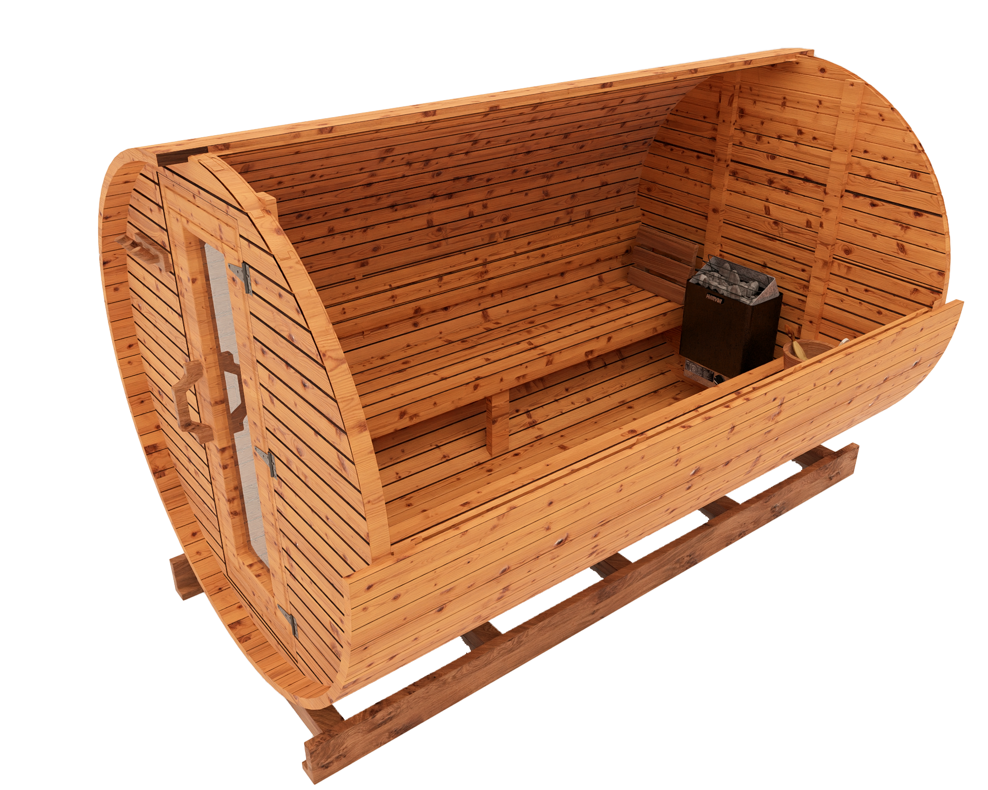 Interior cutaway 3D mockup of 10-ft red cedar barrel sauna showing extended cedar seating and traditional sauna environment