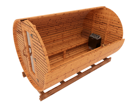 Interior cutaway 3D mockup of 10-ft red cedar barrel sauna showing extended cedar seating and traditional sauna environment