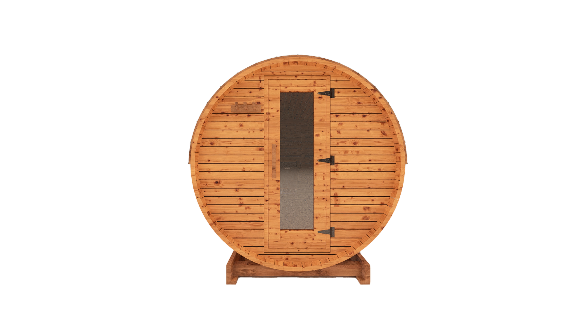 10-ft red cedar barrel outdoor sauna front view 3D mockup with glass door entrance and large backyard sauna presence