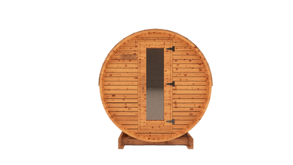 10-ft red cedar barrel outdoor sauna front view 3D mockup with glass door entrance and large backyard sauna presence