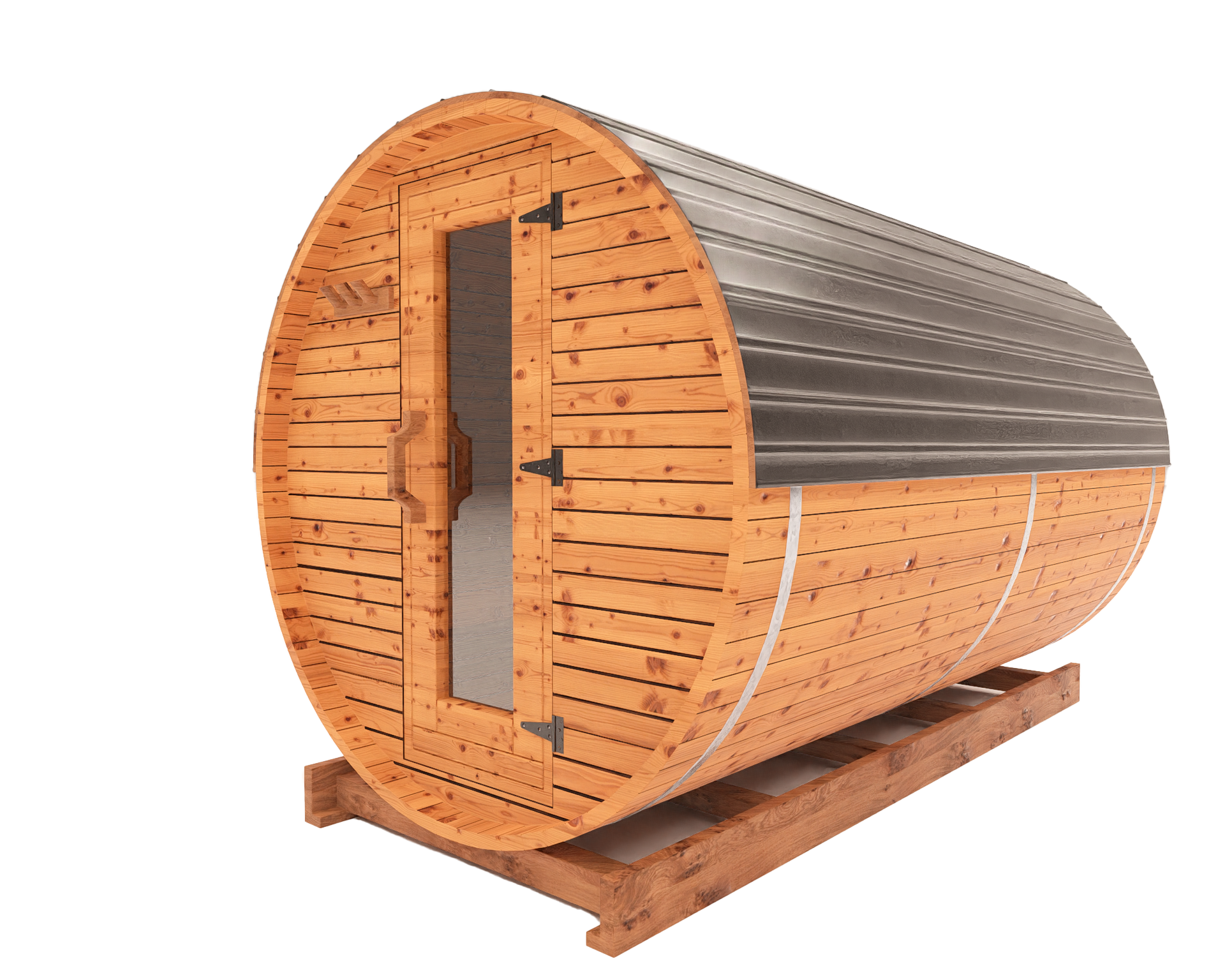 10-ft red cedar barrel sauna side view 3D mockup showing elongated curved design and premium outdoor sauna profile