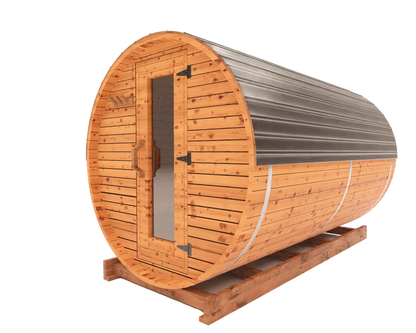 10-ft red cedar barrel sauna side view 3D mockup showing elongated curved design and premium outdoor sauna profile