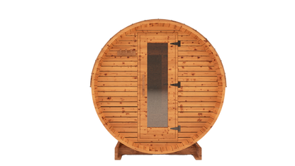 12-ft red cedar barrel outdoor sauna front view 3D mockup with glass door entry and extra-large backyard sauna design