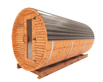 12-ft red cedar barrel sauna side view 3D mockup showing long curved outdoor sauna profile and luxury wellness setup