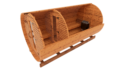 Interior cutaway 3D mockup of 12-ft red cedar barrel sauna showing full-length cedar benches and premium sauna interior