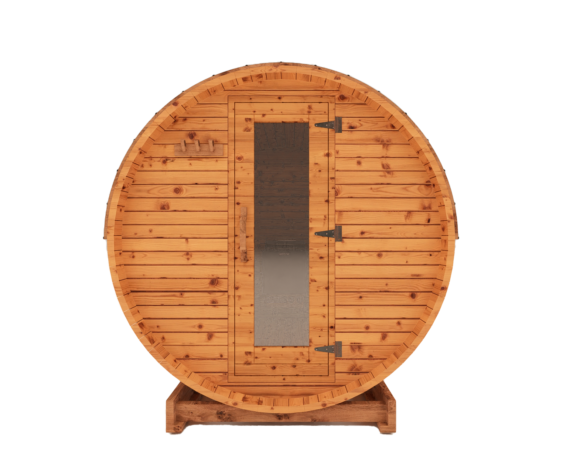 6-ft red cedar barrel outdoor sauna front view 3D mockup with glass door entrance and modern backyard sauna design