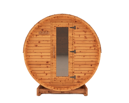6-ft red cedar barrel outdoor sauna front view 3D mockup with glass door entrance and modern backyard sauna design