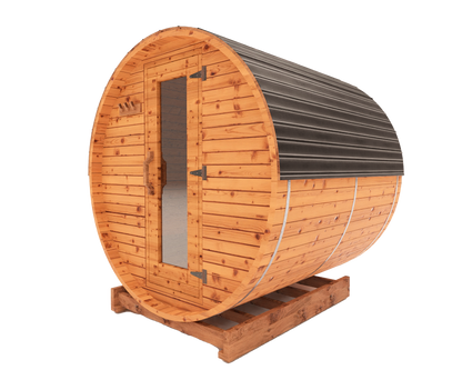 6-ft red cedar barrel sauna side view 3D mockup showing curved outdoor sauna shape and balanced footprint
