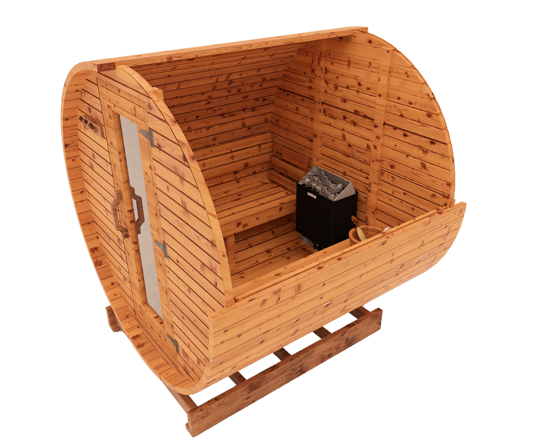 Interior cutaway 3D mockup of 6-ft red cedar barrel sauna showing cedar bench layout and warm sauna interior