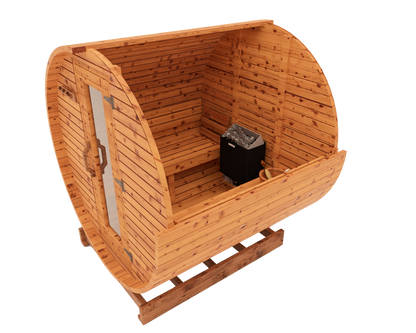 Interior cutaway 3D mockup of 6-ft red cedar barrel sauna showing cedar bench layout and warm sauna interior