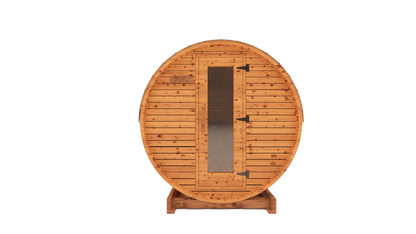 8-ft red cedar barrel outdoor sauna front view 3D mockup with glass door entry and spacious backyard sauna design
