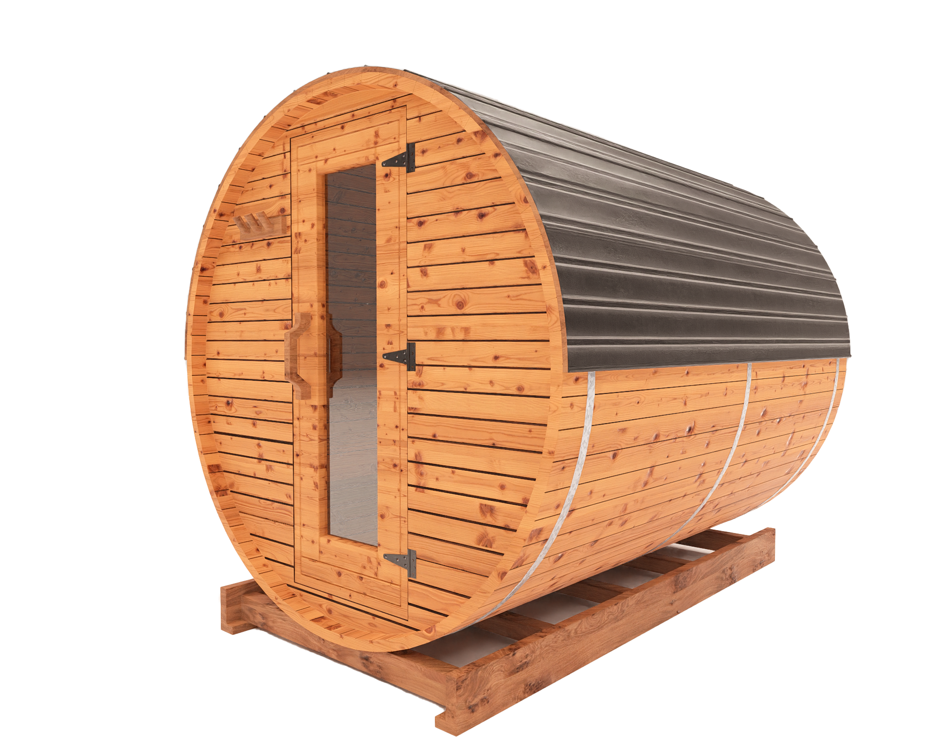 8-ft red cedar barrel sauna side view 3D mockup showing extended curved profile and outdoor wellness setup