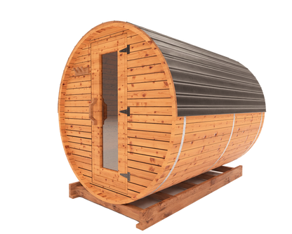 8-ft red cedar barrel sauna side view 3D mockup showing extended curved profile and outdoor wellness setup