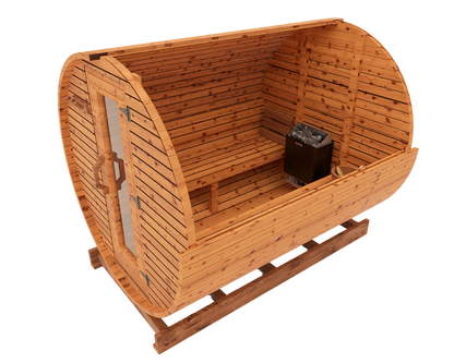 Interior cutaway 3D mockup of 8-ft red cedar barrel sauna showing full cedar bench arrangement and traditional sauna interior