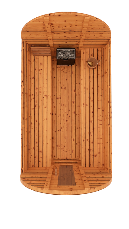 Top-down interior 3D mockup of 10-ft red cedar barrel sauna showing generous bench layout and spacious sauna floor area