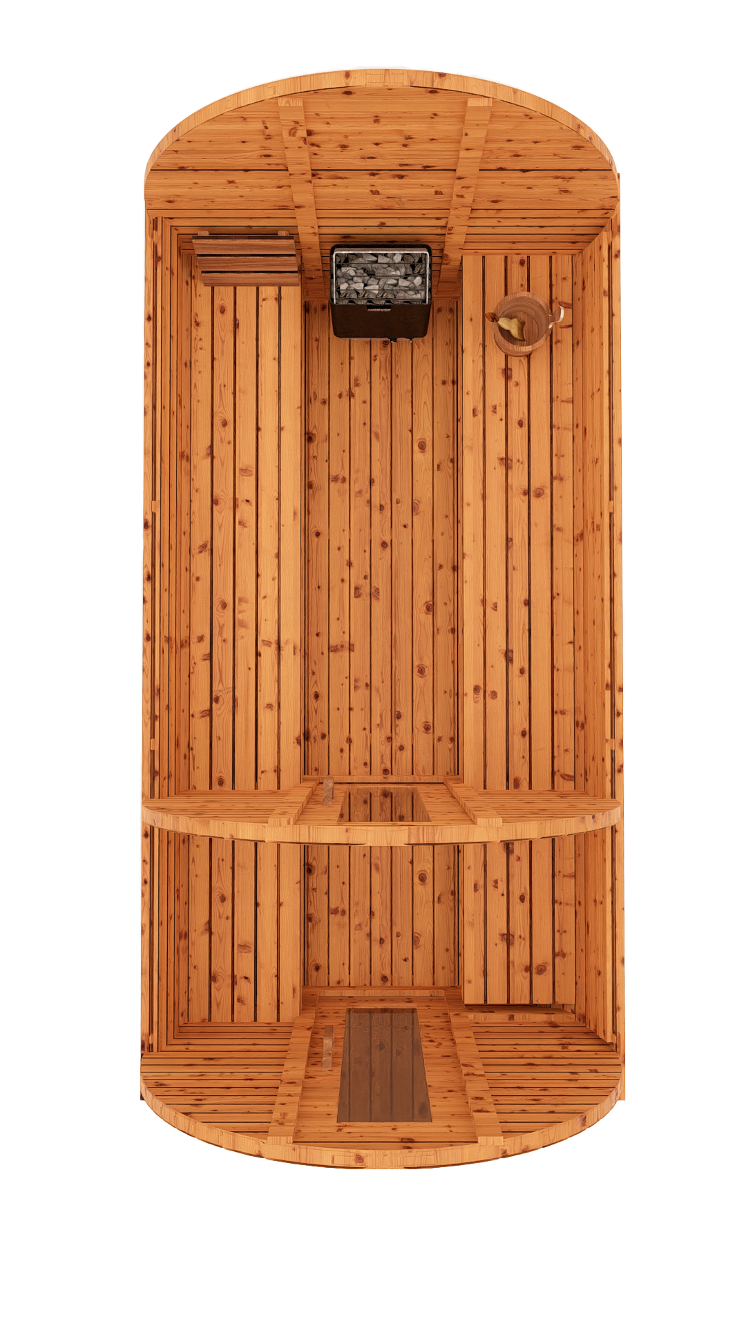 Top-down interior 3D mockup of 12-ft red cedar barrel sauna showing wide bench seating layout and expansive sauna space