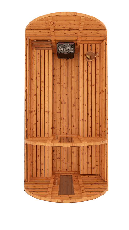 Top-down interior 3D mockup of 12-ft red cedar barrel sauna showing wide bench seating layout and expansive sauna space