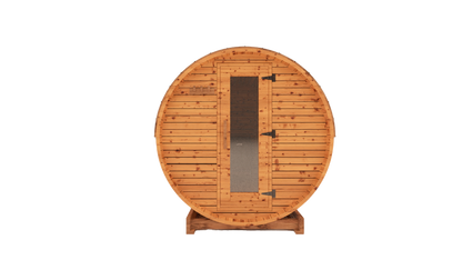 5-ft red cedar barrel outdoor sauna front view 3D mockup with glass door entry and compact backyard wellness design